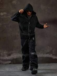 Grunge Punk 男士纯色连帽休闲长袖运动衫，秋季 - 黑色 - 查看 6