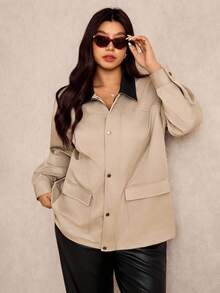 Elaquor Áo khoác Parka cổ điển thường ngày cỡ lớn có thắt eo và màu tương phản dành cho nữ, mùa thu/đông - Màu Khaki - Xem 3