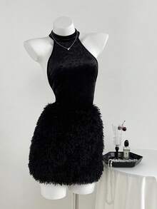 Elamini 女式黑色毛绒露背紧身迷你连衣裙，高端拼接毛茸茸下摆性感派对俱乐部连衣裙 - 黑色 - 查看 7