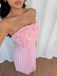 Rafferiza 女士夏季花卉拼布褶边连衣裙，成熟迷人 - 粉色 - 查看 5