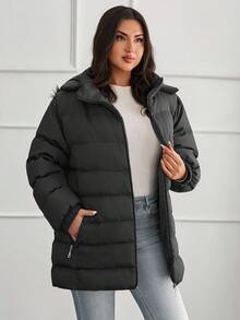 EURMUSE Zipper Front Plus Size Hooded Puffer Jacket – Street-Style Bubble Coat For Cold Weather - Black - View 3