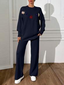 EURMUSE Cardigan Flower Detail Pullover Set Sweater Co-Ord +700 - Navy Blue - View 4
