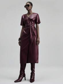 Ontre Elegant Women's Burgundy Autumn Long Dress,V-Neck Tie-Waist Vintage Casual Office Wear,Business Commuting Dining Outfits,Christmas Halloween Uniform - Burgundy - View 4
