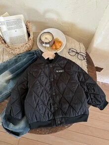 SHEIN Abrigo acolchado con botones de béisbol para niños pequeños - Negro - Ver 4