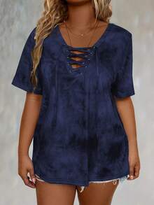 LONESS Plus Size Random Print Criss-Cross Tie Short Sleeve T-Shirt