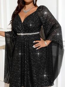 SHEIN Clasi Robe élégante à manches évasées avec sequins pour femmes rondes, encolure carrée et décolleté en cœur, en tricot stretch brillant de haute qualité, longueur genou, robe de soirée noire pour femmes, robe élégante, vêtements d'automne et d'hiver pour femmes, tenue de soirée, style old money, convient à de multiples occasions, Halloween, Noël, robes d'hiver pour femmes, robe de témoin de mariage d'automne, robe de retour au lycée, tenues de rendez-vous pour femmes, robe de sortie, robe de témoin de mariage, robe de mère de la mariée pour mariage, robes de cérémonie pour invités, robes pour événements de mariage, robe de témoin de mariage d'automne, robe de témoin de mariage élégante, civile, de fête, 2025 nouvelle collection, robe de fête élégante, robe de fête longue, robe chic, tenue de soirée pour femmes, Noël, tenue de Thanksgiving pour femmes - Noir - Voir 3