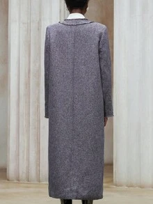 Aveloria Modichic Thick Tweed V-Neck Frayed Trim Metal Button Decor Long Commuter Jacket