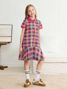 Joliand Joliand 1pc Tween Girls Pink And Yellow Plaid Dress,Summer Cute Preppy Style Polo Collar Short Sleeve Shirt Dress For Back-To-School,Daily Wear & Party School - Multicolor - View 6