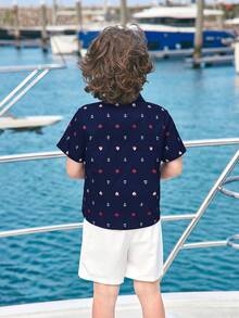 Joliand Joliand 2pcs/Set Young Girl Elegant Urban Sailor Lighthouse Print Navy Polo Collar Short Sleeve Shirt & White Shorts Outfit, Suitable For Casual Daily, Traveling, Beach Youth Boys Shirt Young Boys Matching Sets Young Boys Suit Set Youth Boy Tshirt Young Boys 2 Pieces Boys Nautical Outfit Boys Summer Outfit Boys Preppy Outfit Kids Cruise Outfits Boys Boys Anchor Shirt - Multicolor - View 2