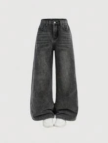 SHEIN 少女基础款灰色牛仔保暖内衬宽松牛仔裤，秋冬保暖穿搭，休闲高腰牛仔裤，百搭阔腿牛仔裤，Y2K风格，女教师装，返校装，教堂礼服，商务休闲装，工装牛仔裤连衣裙，女童秋冬宽松裤，青少年高腰长款阔腿牛仔裤，街头风，冬季裤装，羊羔绒牛仔裤，保暖牛仔裤，灰色牛仔裤，灰色宽松牛仔裤 - 淺灰色 - 查看 5