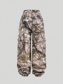 SHEIN Explorewe 少女休闲宽松印花牛仔裤，抽绳腰带，休闲度假风下装 - 米色 - 查看 12