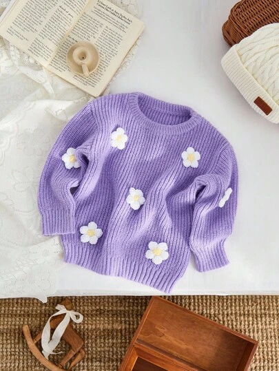 SHEIN Playful Pals Young Girl Purple Floral Sweater, Adorable 3D Flower Design, Cute & Casual For Everyday Wear Flower Sweater Purple Sweater With Flowers Young Girl Purple Sweater Purple Sweater Purple Sweater Young Girl Sweater Young Girl Fall Young Girl Winter Fall