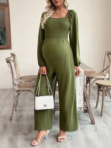 SHEIN 孕妇连体裤，长袖，方领，前后抽绳腰部，口袋，宽松版型 - 軍綠色 - 查看 1