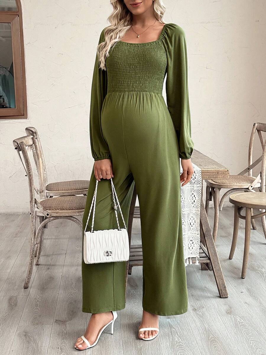 SHEIN 孕妇连体裤，长袖，方领，前后抽绳腰部，口袋，宽松版型 - 軍綠色 - 查看 1