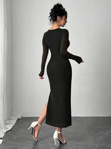 Firerie Đầm dài ôm sát xẻ tà cao thanh lịch dành cho nữ, màu trơn đính ngọc trai giả, xuân/thu - màu đen - Xem 2