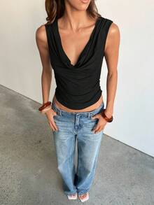 Aloruh 女式纯棕色露背串珠链设计波西米亚风格无袖背心，性感、优雅、百搭 - 黑色 - 查看 5