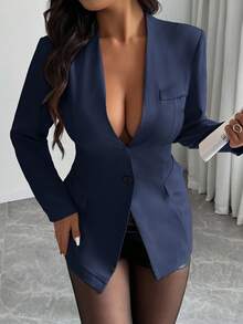 Elenzga Blazer Ajustado de Gola V de Botão Único Minimalista Plus Size - Azul Marinho - Visão 4