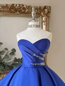 Lovelzi 优雅蓝色水钻短款A字系带露背抹胸连衣裙，适合婚礼、派对、约会、度假、舞会、婚礼宾客、派对礼服、情人节等场合。 - 藍色 - 查看 8