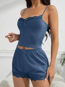 Women's Summer Solid Color Lace Bow Decor Camisole And Shorts PJS Sexy Sleep Set Two Piece Night Set Lingerie Sleep Set Sexy Short Sets For Women - Royal Blue - View 4