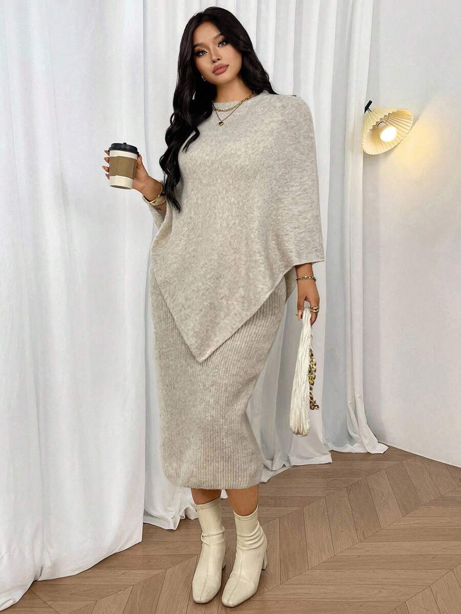 Firerie 2pcs/Set Plus Size Women Beige Poncho Style Sweater & V-Neck Straight Knit Dress, Elegant Everyday Batwing Sleeve Modest Oversized Cape Fall/Winter - Khaki - View 1