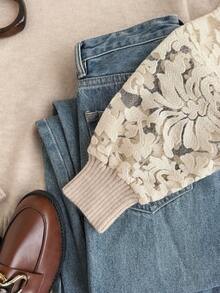 Elaquor 大码休闲优雅百搭网眼拼布套头衫，秋冬 - 卡其色 - 查看 4