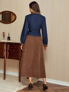 Vintamour 2件秋冬牛仔上衣和复古法式天鹅绒连衣裙套装 - 深色水洗藍 - 查看 4