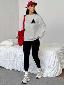SHEIN EZwear 女士秋冬新款运动卫衣和打底裤套装 女士卫衣 刺绣卫衣 灰色卫衣 两件套休闲套装 女士卫衣 - 淺灰色 - 查看 5