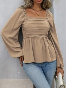 EMERY ROSE Women's Autumn Simple Solid Color Pleated Square Collar Lantern Sleeve Blouse - Khaki - View 7