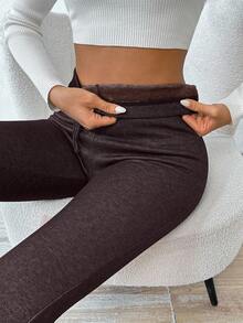 Chiquease Women's Casual High Waist Thermal Lined Leggings, Autumn/Winter - Chocolate Brown - View 3