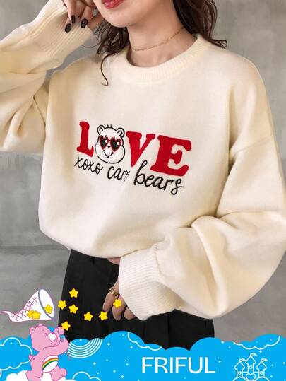 SHEIN X Care Bears FRIFUL Women's Round Neck Letter Embroidery Contrast Color Print Loose Thickened Fleece Sweater