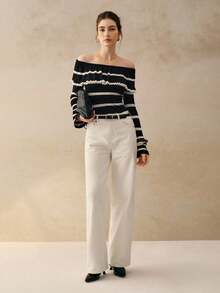 Cévolie 时尚露肩条纹长袖上衣