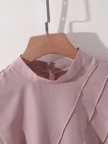 Franclia Women's Solid Color Stand Collar Puff Sleeve Elegant Blouse - Dusty Pink - View 3