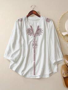 Linhara Blus Kasual Longgar Lengan 3/4 untuk Wanita Ukuran Besar - MultiWarna - View 1