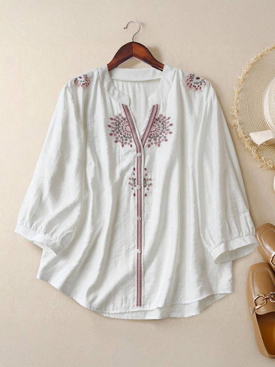 Linhara Blus Kasual Longgar Lengan 3/4 untuk Wanita Ukuran Besar - MultiWarna - View 1