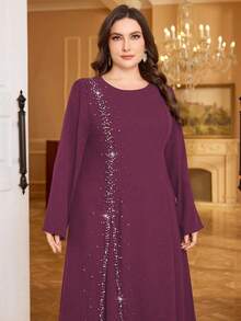 Al Najma Beaded Rhinestone Robe, Long Sleeve Long Dress, Fashion - Red Violet - View 4