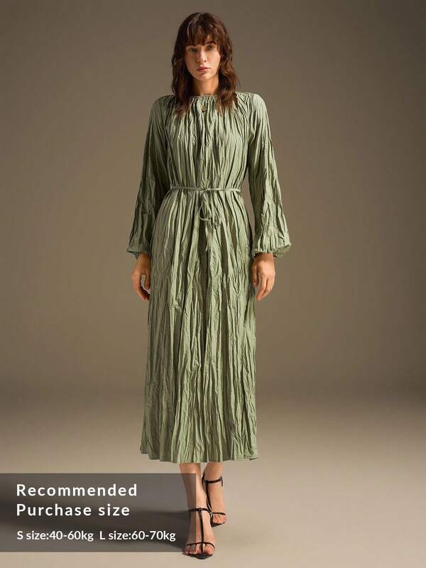 Ontre 2025 New Arrival Loose Fit Casual Dress, Mint Green, Twist Design, Round Neck, Long Sleeve, Flared Skirt, Suitable For Autumn, Urban Commute & Daily Wear Modern Urban Casual Fashion Business Casual Women's Office Wear Low-Key Old Money Style Effortless Temperament High-End Urban Commuting High-Quality Airport Women's Wear High-End Material High-End, Elegant, Old-Fashioned Cruise Clothing