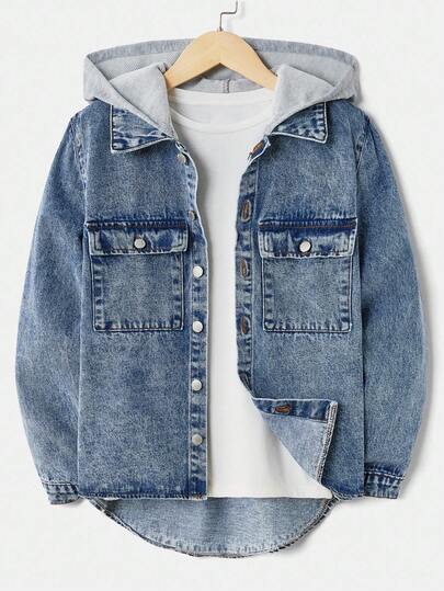 SHEIN Tween Boy Fashion Casual Vintage Y2k Gamla Pengar Baserat Grå Stickad Huva Patchwork Svart Jeansjacka Lös Jackettopp För Barnkläder Pojkar Mjuka Vardagskläder Och Barn Sommar- Och Vår Ravekläder Festival- Och Strandkläder Kläder Pojkar Huva Jeansjacka Pojkar Blå Jeansjacka Pojkar Huva Jeansjacka Höst Vinter