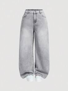 EURMUSE 大码女式口袋宽松休闲百搭牛仔裤 - 淺灰色 - 查看 1