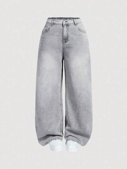 EURMUSE Plus Size Women Pockets Loose Fit Casual Normal Versatile Denim Jeans Dates Fashion Week Gray Summer