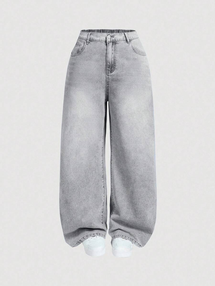 EURMUSE 大码女式口袋宽松休闲百搭牛仔裤 - 淺灰色 - 查看 1