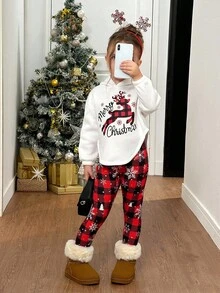2件套少女针织连帽衫和格子裤套装 - 白色 - 查看 3