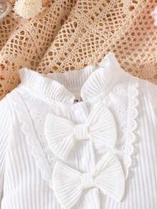 SHEIN 女嬰荷葉邊喇叭袖前蝴蝶結連身褲 - 白色 - 查看 6