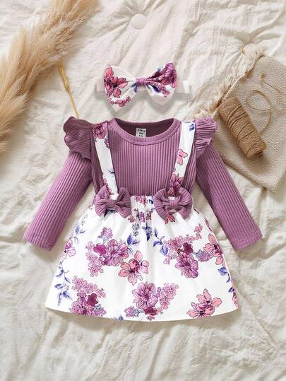 SHEIN Vintaside Kids Baby Girl Floral Print Ruffle Trim Bow Front Dress With Headband