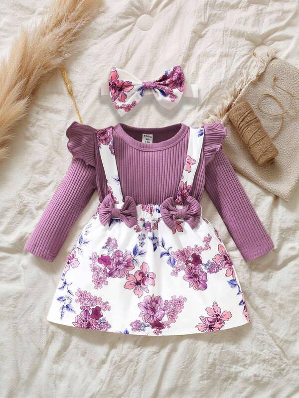 SHEIN Vintaside Kids Baby Girl Floral Print Ruffle Trim Bow Front Dress With Headband