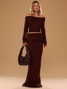 SHEIN BAE Áo len crop dáng ôm, màu trơn thanh lịch, hở vai, thích hợp cho nữ mùa thu, áo len mùa thu, áo len nữ mùa đông, áo len Halloween, áo len Giáng sinh, áo hở vai, áo len hở vai, áo kiểu dễ thương, áo sinh nhật cho nữ, áo len màu nâu. - Cà phê nâu - Xem 5