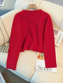 SHEIN LUNE Elegant Loose Fit Round Neck Long Sleeve Knitted Chinese-Style Button Design Red Women Cardigan, Spring/Autumn Christmas - Red - View 2