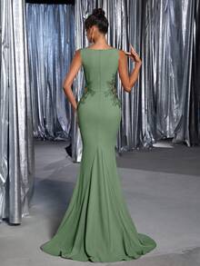 Glamrae 优雅莲花粉色针织船领 3D 花卉刺绣腰部透明美人鱼下摆连衣裙，适合约会、单身派对、毕业典礼、婚礼、正式晚会 - 綠色 - 查看 2