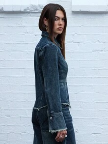 COUREZ Áo sơ mi denim dài tay có khóa kéo, màu xanh bẩn, kiểu dáng Y2K, thời trang nữ mùa thu, áo kiểu dễ thương, áo đi chơi, áo mùa đông, áo kiểu sành điệu - Màu xanh lam - Xem 6