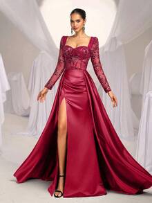 SHEIN Belle 优雅奢华的安哥拉彩色亮片和串珠缎面低胸透明长袖美人鱼高开衩超大荷叶边晚礼服 - 酒紅色 - 查看 4