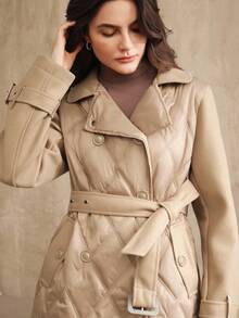 Anewsta Women's Belted Patchwork Mid-Length Padded Coat, Suitable For Autumn, Fall, Winter, Going Out, Elegant, Formal, Party, Chic, New Year, Christmas, Work, Graduation, Wedding